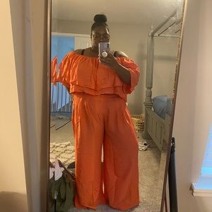 Two piece ruffled off shoulder pant set